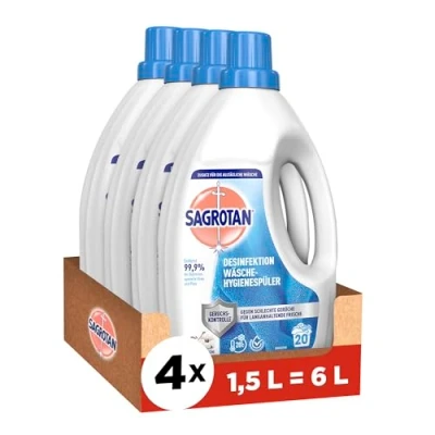 Abbildung von Sagrotan Wäsche Hygienespüler Himmelsfrische Desinfektionsspüler für hygienisch saubere und frische 4 x 1,5 l Reiniger im praktischen Vorteilspack
