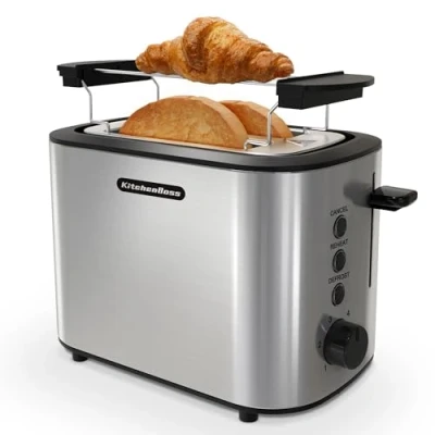 Abbildung von KitchenBoss Toaster 2 Scheiben：Toaster mit Brötchenaufsatz und Krümelschublade, 6 Bräunungsstufen, Edelstahl Abschaltautomatik, Auftaufunktion Reheat Funktion, 870W