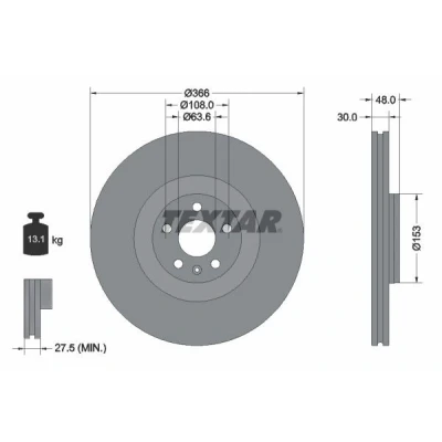 Abbildung von TEXTAR Bremsscheibe VOLVO: XC60 II, XC90 II 366mm 30mm 05/06 108mm innenbelüftet beschichtet hochgekohlt 92308905 31400569 Bremsscheiben
