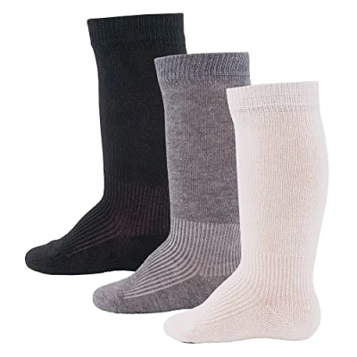 Abbildung von EWERS 3er Pack Basic Kniestrümpfe, mehrfarbige Uni Socken für Mädchen und Jungen, Baumwolle, MADE IN EUROPE, Mädchensocken Jungensocken Kindersocken, Größe 17 18, schwarz/grau/weiß
