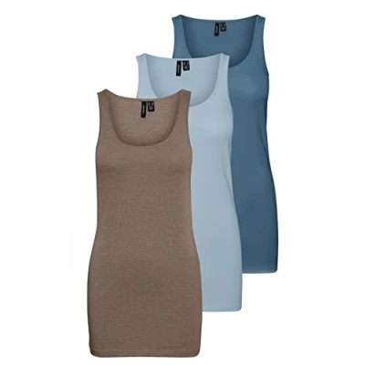 Abbildung von VERO MODA Damen VMMAXI My Soft Long Tank TOP GA 3P, Blue Fog/Walnut Light Mel &amp; CH, XS