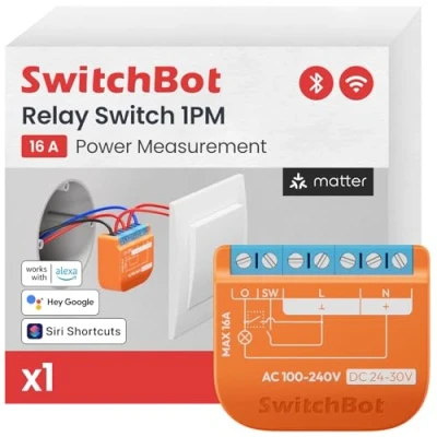 Abbildung von SwitchBot Matter Relais Schalter 1PM, Wlan kompatibel mit Alexa/Apple Home/Google Home, Leistungsmessendes Relaisschaltmodul integriertem Bluetooth Repeater, &amp; Wi Fi 2,4 GHz,16A