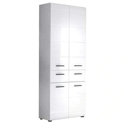 Abbildung von trendteam smart living Skin Hochschrank Weiß/Weiß Hochglanz Badschrank 12 Fächer und 2 Schubladen (BxHxT) 30 x 182 31 cm Schwarze Griffe Kratzfest