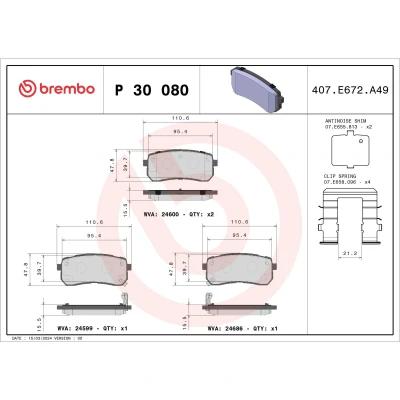Abbildung von BREMBO P 30 080 Bremsbelagsatz mit akustischer Verschleißwarnung Anti Quietsch Blech Zubehör KIA: SORENTO 3, HYUNDAI: ix55