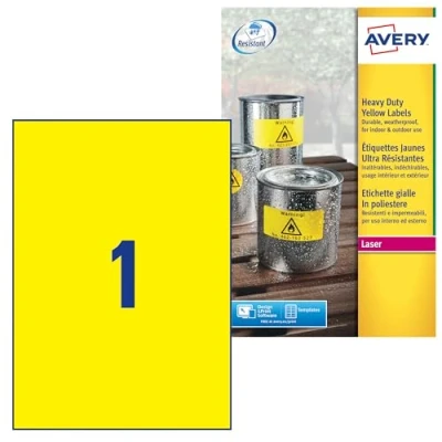 Abbildung von AVERY Zweckform L6111 20 Wetterfeste Folienetiketten (20 Signalaufkleber, 210x297mm auf A4, extrem stark selbstklebend, wasserfest, strapazierfähig, bedruckbare Outdoor Klebefolie) Blatt, gelb