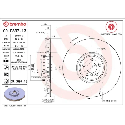 Abbildung von BREMBO 09.D897.13 Bremsscheibe 395 36 5 innenbelüftet, Verbundbremsscheibe beschichtet hochgekohlt mit Schrauben BMW: X5, 7, X4
