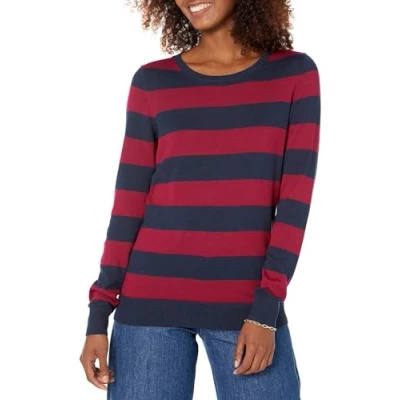 Abbildung von Amazon Essentials Damen Leichter, Langärmeliger Pullover Mit Rundhalsausschnitt (Erhältlich in Übergröße), Burgunderrot Marineblau Rugby Streifen, S