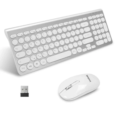 Abbildung von LeadsaiL, kabelloses Tastatur Maus Set, ergonomische und Tastatur, kabellose PC Maus, deutsches QWERTZ Layout, leise Maustasten, MacOS PC, Laptop, Silber