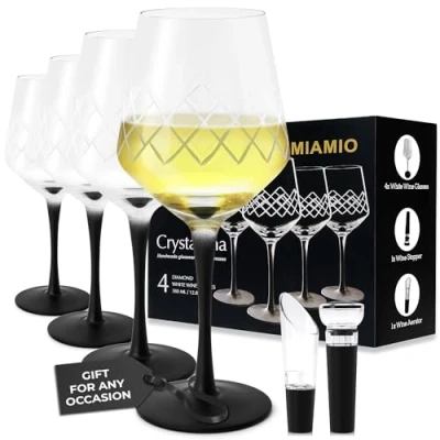 Abbildung von MIAMIO 380 ml Weißweingläser, 4er Set große Premium Kristall Weingläser mit schwarzem Stiel + Weinstopper &amp; Luftsprudler Crystaluna Collection