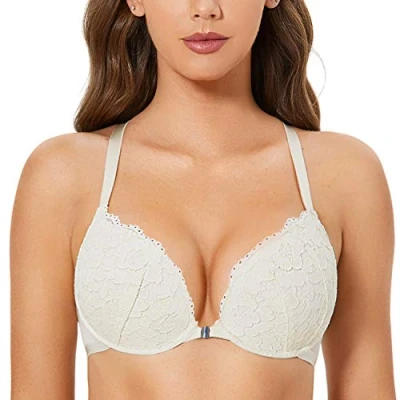 Abbildung von DOBREVA Damen Vorderverschluss BH mit Bügel Push Up Spitzen Neckholder BHS Racerback Tiefer Ausschnitt Gepolsterter Elfenbein 90D