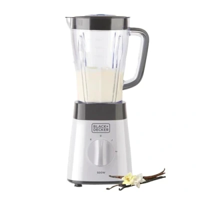 Abbildung von BLACK+DECKER Standmixer 500W 2 Geschwindigkeiten Pulse Funktion Glaskrug 1,5L Edelstahlmesser mit 4 Klingen Herausnehmbar und leicht zu reinigen Weiß Grau