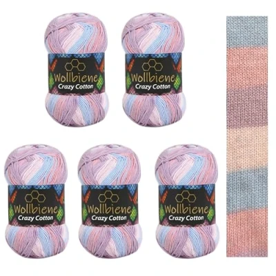 Abbildung von 5 x 100g Wollbiene Crazy Cotton Batik 500 Gramm mit Farbverlauf 55% Baumwolle mehrfarbig Multicolor Strickwolle Häkelwolle Wolle Ganzjahreswolle (7000 hellblau rosa flieder)