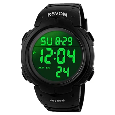 Abbildung von RSVOM Herren Digital Quarz Uhren mit Schwarz Silikon Armband 50M Wasserdicht Big Face Sport Armbanduhr Wecker Stoppuhr LED Hintergrundbeleuchtung Digitaluhren für Männer