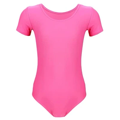 Abbildung von Aquarti Mädchen Gymnastikanzug Kurzarm Ballett Trikot, Farbe: Dunkelrosa, Größe: 116