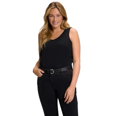 Abbildung von Ulla Popken Damen Feminines Top mit V neck T Shirt, schwarz, 58 60