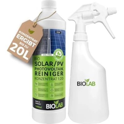 Abbildung von BIOLAB Solar &amp; PV Photovoltaik Reiniger Konzentrat 1:20 (1 Liter plus Sprühflasche) Solarreiniger zum Reinigen von Solaranlage, Photovoltaikanlage, Solarpanel, Solarmodul, Anlage