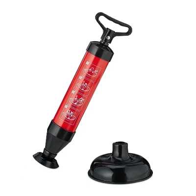 Abbildung von Relaxdays Abflussreiniger Pumpe, 2 Aufsätze für WC, Dusche, Waschbecken, Druckreiniger Abfluss, chemiefrei, schwarz/rot, 1 Stück