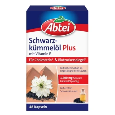 Abbildung von Abtei Schwarzkümmelöl Plus mit Vitamin E Nahrungsergänzung für Cholesterin und Blutzuckerspiegel 1 x 48 Kapseln