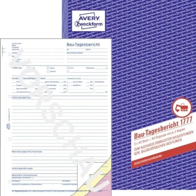 Abbildung von AVERY Zweckform 1777 Bau Tagesbericht, (A4, selbstdurchschreibend, gem. baubehördlichen Richtlinien, für Deutschland und Österreich zum Nachweis ausgeführter Arbeiten) 3x40 Blatt weiß/gelb/rosa