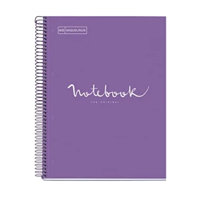 Abbildung von Miquelrius Notizbuch A4 Notebook, 1 farbiger Streifen, 80 Blatt mit raster 5 x mm, Papier 90 g/m² mikroperforiert 4 Bohrungen für Ringe, Einband aus Karton, Farbe Lila