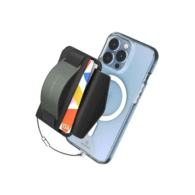 Abbildung von Sinjimoru Rutschfester Magnetischer Handy Kartenhalter mit Fingergriff, Kreditkartenetui kompatibel MagSafe Wallet Magnetic Card Holder für iPhone 16 15 14 13 12 Reihe. M BGrip Olive Grau