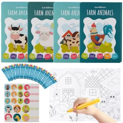 Abbildung von THE TWIDDLERS 12 Mini Malbücher für Kinder, A5 Format 16 lustige Designs mit 4 Buntstiften und Aufklebern Partygeschenke Kinder von 8 Jahren, Malbuch Mitgebsel