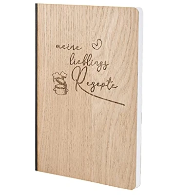 Abbildung von Notizbuch mit Holz Cover in A5 MEINE LIEBLINGS REZEPTE Echtholz Notebook zum Reinschreiben Holzeinband 192 blanko Seiten 90g, Holzart:Eiche