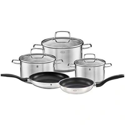 Abbildung von RÖSLE Basic Line Starter Set 5 TLG., 3 Universaltöpfe, 2 Bratpfannen, Edelstahl 18/10, mit Glasdeckel und Schüttrand, induktionsgeeignet, spülmaschinengeeignet, Silber