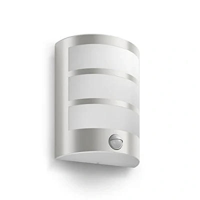 Abbildung von Philips Python LED Outdoor Wandleuchte (6 W), wetterfeste Außenleuchte mit Bewegungssensor, energiesparende und warmweiße Beleuchtung, Edelstahl