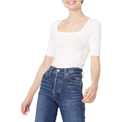Abbildung von Amazon Essentials Damen Halbarm T Shirt mit eckigem Ausschnitt in schmaler Passform, Grellweiß, XL