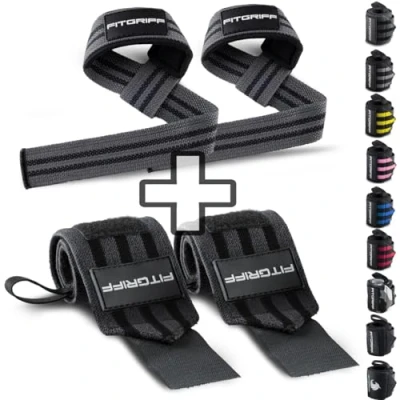 Abbildung von Fitgriff® Handgelenk Bandagen + Zughilfen (2er Set) für Krafttraining, Fitness, Bodybuilding, Gewichtheben, Gym, Kraftsport Frauen und Männer (Grey)