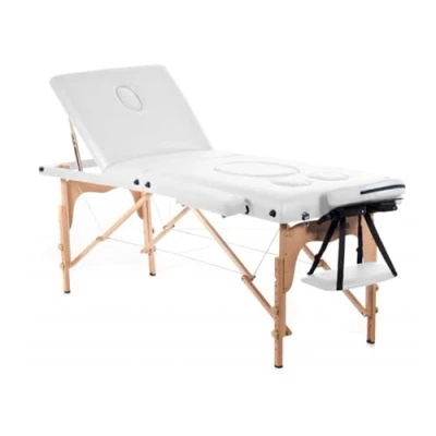 Abbildung von QUIRUMED Massageliege für Schwangere, klappbar, 194 x 70 cm, weiße Farbe, Holz, Kunstleder, Loch Bauch, Gesicht, Abnehmbarer Kopf, bis 150 kg
