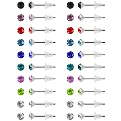 Abbildung von Kurtzy 20 Paare Runde Kubische Zirkonia Ohrstecker Set Kleine Ohrringe Damen mit Aufbewahrungsbox 4mm 9 Verschiedene Steine, Edelstahl Gummi CZ Stecker