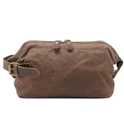 Abbildung von Neuleben Kulturtasche Wasserdicht Vintage Canvas Leder Damen Herren Kosmetiktasche Kulturbeutel für Reise Urlaub (Dunkelbraun)