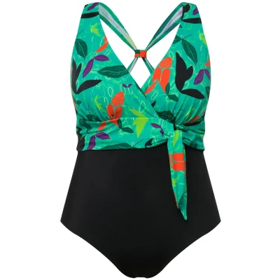Abbildung von Ulla Popken Colorful LEAF Halter NECK Badeanzug, Damen, Größe: 50, Black