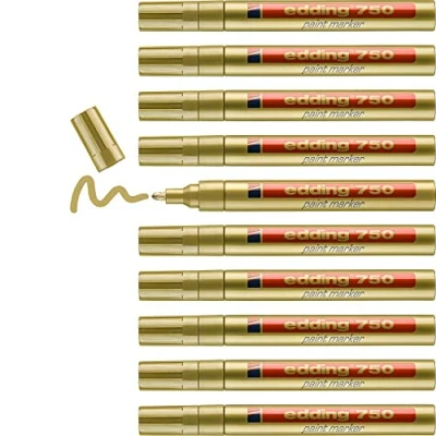 Abbildung von edding 750 Lackmarker gold 10 Stifte Rundspitze 2 4 mm Lackstift zur Markierung und Beschriftung von Metall, Glas, Stein oder Kunststoff hitzebeständig, permanent, wisch wasserfest