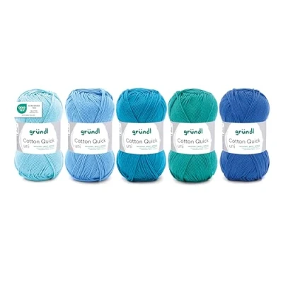 Abbildung von Gründl Wolle Cotton Quick uni Garn zum Stricken und Häkeln aus 100% Baumwolle, 5 Knäuel 50 g / 125 m, Häkelgarn/Baumwollgarn, Hellblau Blau Mix