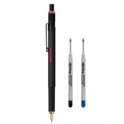 Abbildung von rOtring 800 Kugelschreiber Set, mittlere Spitze, schwarze Tinte, schwarzer Schaft, nachfüllbare Kugelschreiberminen, mittelgroß, Schwarz und Blau