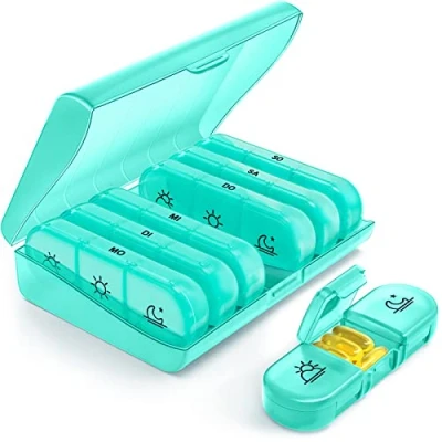 Abbildung von AUVON wöchentlicher Pillendose 7 Tage 3 Fächer, tragbare Tablettenbox mit großen separaten Fächern für Medikamente, Vitamine, Fischöl, Nahrungsergänzungsmittel usw. (Cyan)