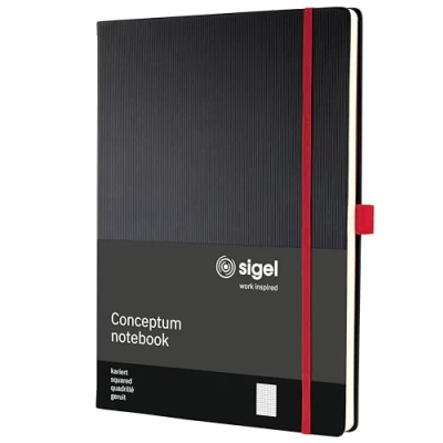 Abbildung von SIGEL CO660 Premium Notizbuch kariert, A4, Hardcover, 194 nummerierte Seiten, schwarz, rot, nachhaltiges Papier, mit Inhaltsverzeichnis, Stiftschlaufe, Falttasche, Gummibandverschluss, Conceptum