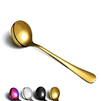 Abbildung von Berglander Gold Suppenlöffel von 6, Edelstahl Runde Löffel Besteck, Klassische Shiny Tischlöffel Set Spülmaschinenfest