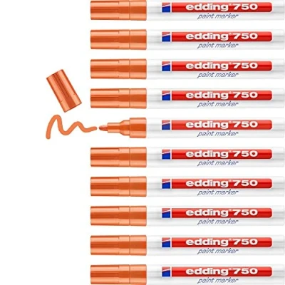 Abbildung von edding 750 Lackmarker orange 10 Stifte Rundspitze 2 4 mm Lackstift zur Markierung und Beschriftung von Metall, Glas, Stein oder Kunststoff hitzebeständig, permanent, wisch wasserfest