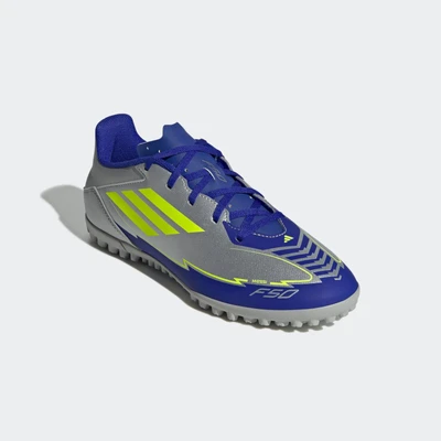 Abbildung von adidas Performance Messi F50 CLUB Fußballschuh Nocken, Herren, Größe: 42 2/3, Silver/yellow/blue Schuhe