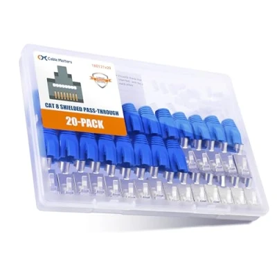 Abbildung von Cable Matters 20er Pack Netzwerkstecker Cat8 Cat7 Cat6A Pass Through (RJ45 Stecker/Durchgangsstecker RJ45 Cat 8) Lan Stecker mit Zugentlastungsmanschetten für Litzen oder Volldraht Ethernetkabel