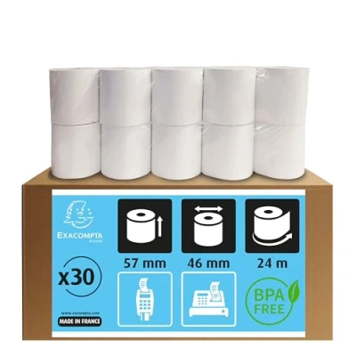 Abbildung von Exacompta 40915E 30er Pack Thermopapierrollen 1 lagig Breite: 57mm, Länge: 24m, Durchmesser Kern: 12mm 55g/m² rückseitig bedruckt für Kartenzahlung (EC Cash Geräte)