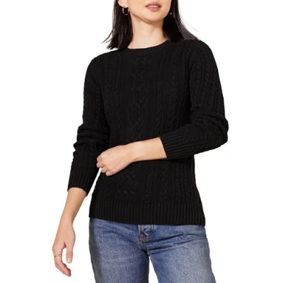 Abbildung von Amazon Essentials Damen Fisherman Cable Langarm Pullover mit Rundhalsausschnitt (in Übergröße erhältlich), Schwarz, XS