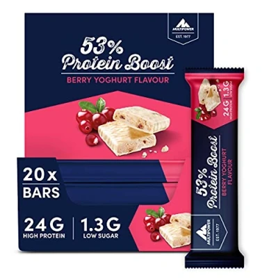 Abbildung von Multipower 53% Protein Boost 20 x 45 g Riegel Berry Yoghurt mit hochwertigem 24 Eiweiß und 1,6 Zucker je Eiweißriegel