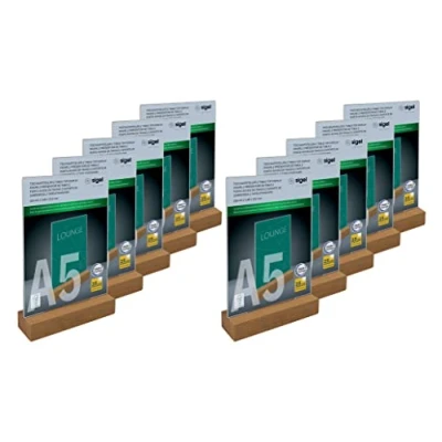 Abbildung von SIGEL TA254 Tischaufsteller A5 hoch, mit Eichenholz Sockel, 10er Pack, glasklar Acryl, garantiert UV beständig, Holz FSC zertifiziert