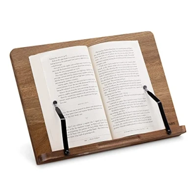 Abbildung von Navaris Buchständer kompatibel mit iPad Ständer 34x24cm Buchhalter Buchstütze aus Akazienholz Stand Halter für Buch Küche Schreibtisch