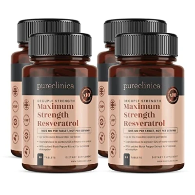 Abbildung von Pureclinica 1000 mg Resveratrol x 360 Tabletten (4 Flaschen à 90) Vorrat für 12 Monate